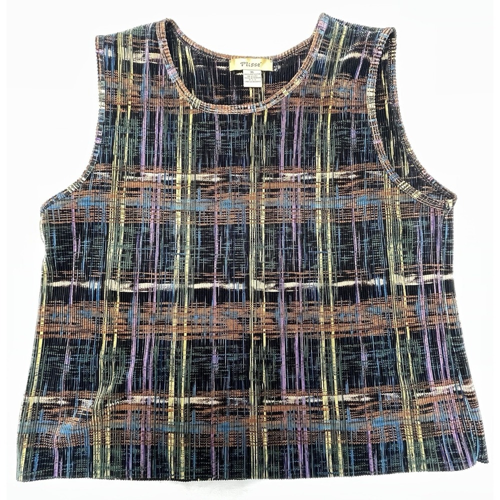 Plisse Multicolor Pleated Tank‎ Top Women's XL Abstract Stripe